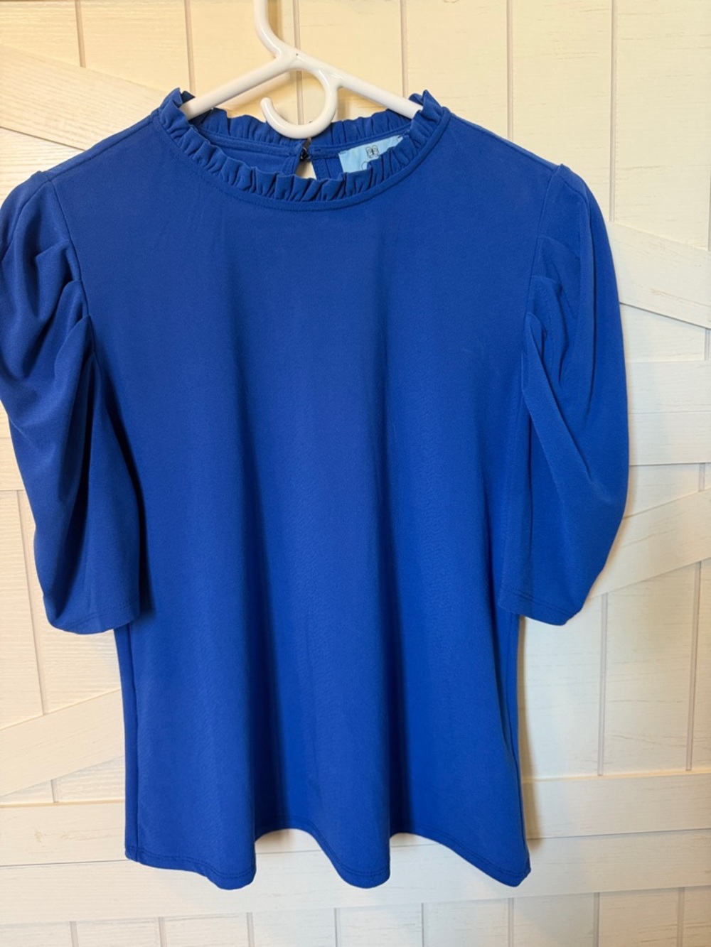 CeCe Cobalt Ruffle Neck Puff Sleeve Top
